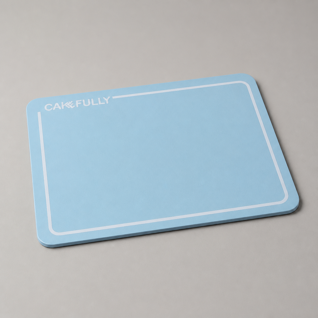 Customized rectangular cake board shown empty from a low angle