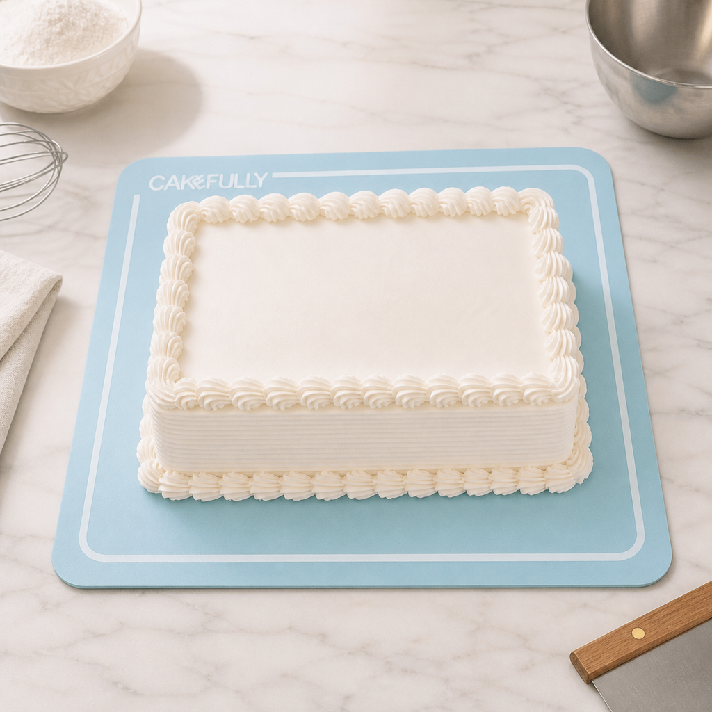 Customized rectangular cake board supporting a frosted cake