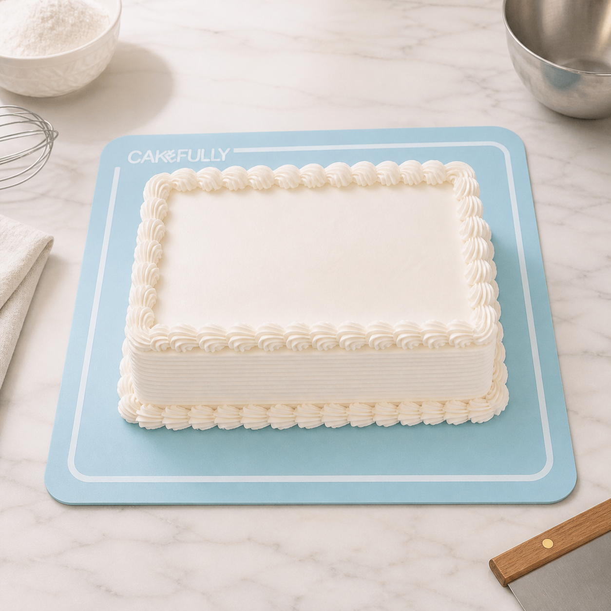 Customized rectangular cake board supporting a frosted cake