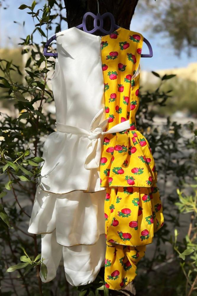 Girls' white and yellow shalky dress with a cheerful and elegant Ramadan design — product image 7