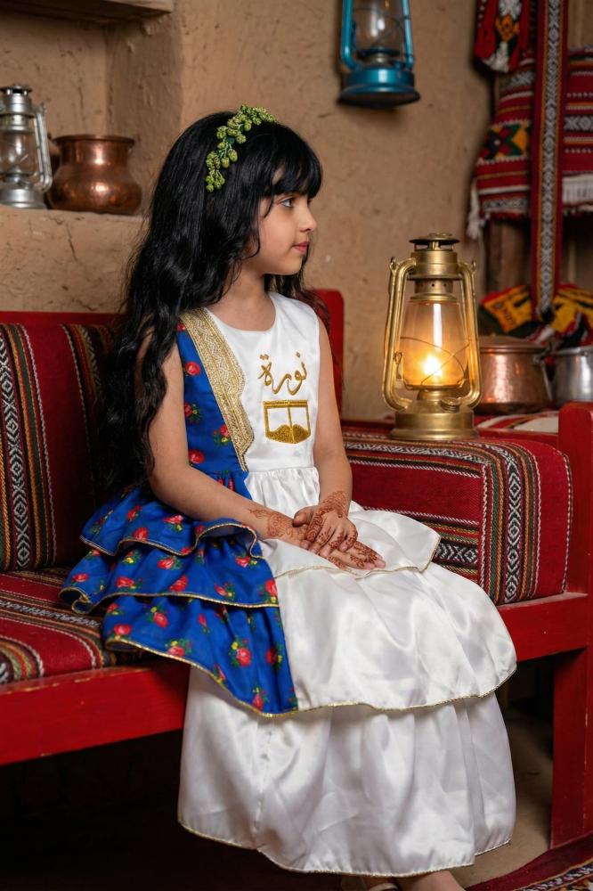 Girls' traditional Shalki dress with a layered design that combines white and blue — product image 2