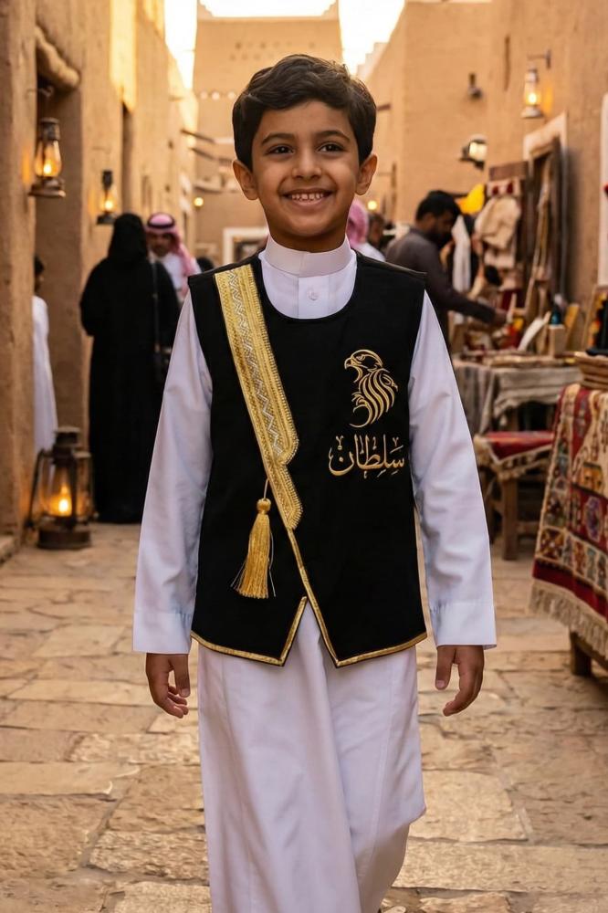 Blank black Sediri Bisht for boys with a luxurious golden zigzag pattern on Founding Day — product image 3