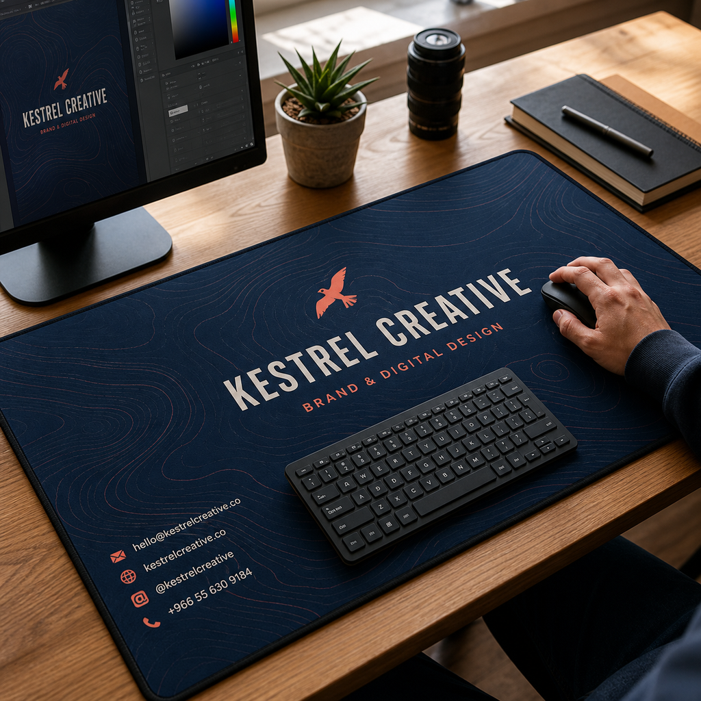 Kestrel Creative custom branded desk mat in active workspace