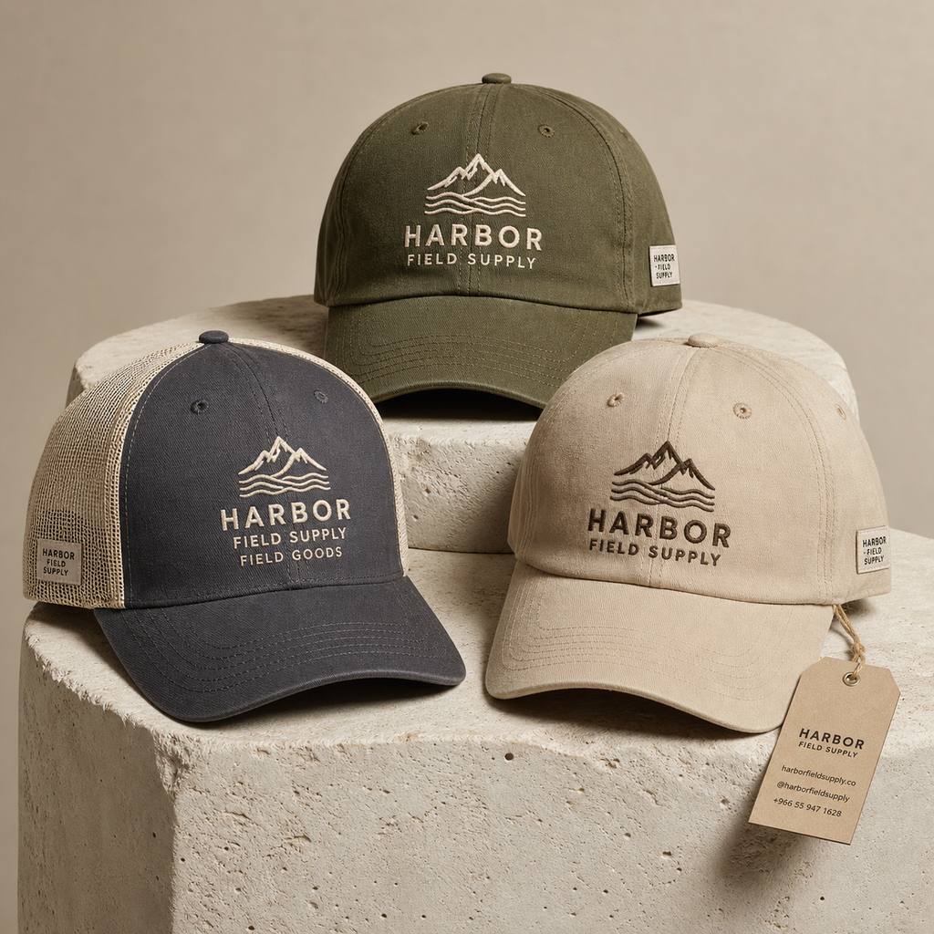 Harbor Field Supply embroidered cap collection product lineup