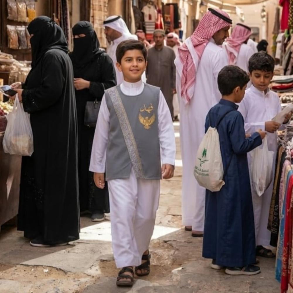 Boys' plain light gray tunic with a silver-gilt Arabic calligraphy stripe pattern — product image 4