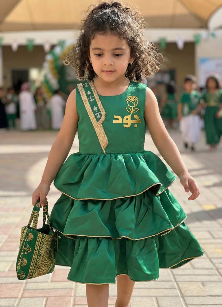 Girls green patriotic beige layered dress decorated for Foundation Day 2026 — product image 1