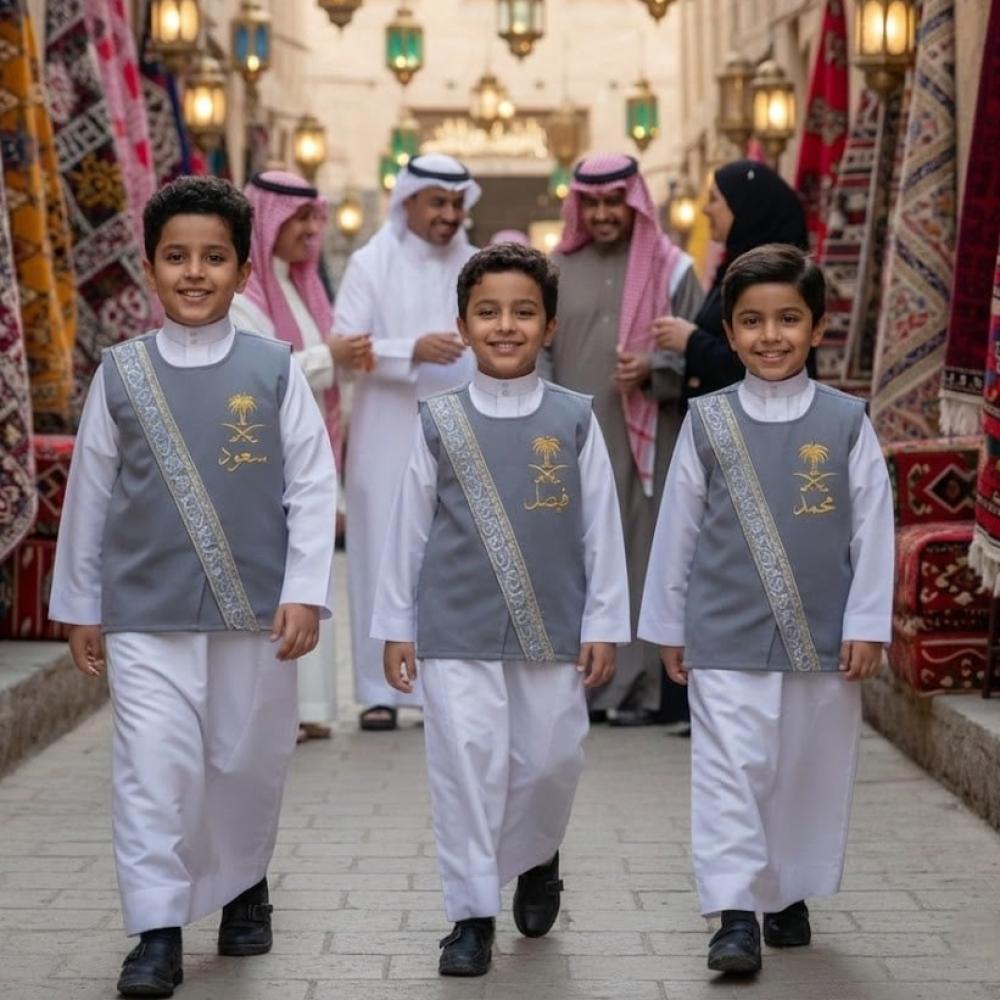 Boys' plain light gray tunic with a silver-gilt Arabic calligraphy stripe pattern — product image 3