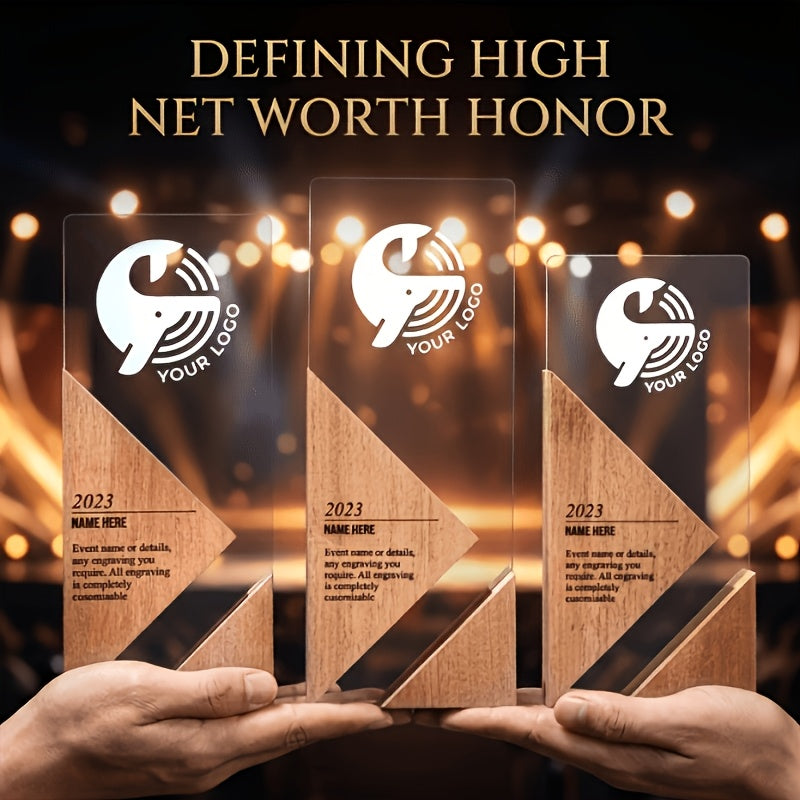 Custom Acrylic Trophy with Trendy Wooden Base - Award with Logo And Text, | Promotional Corporate – image 2