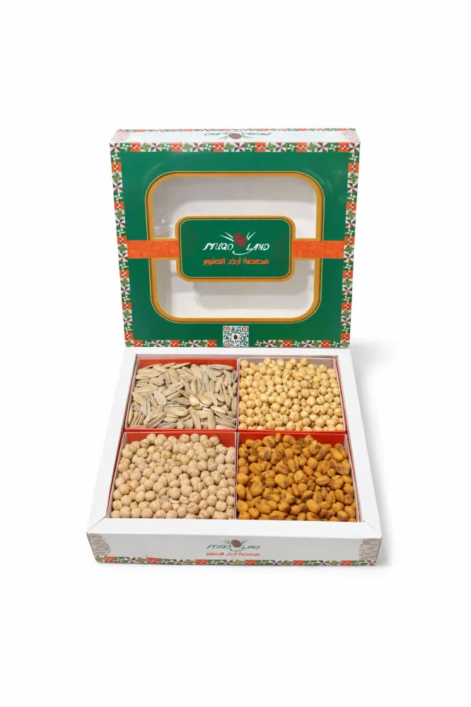 Family snack box reference with transparent window lid and four separate trays filled with mixed dry snacks