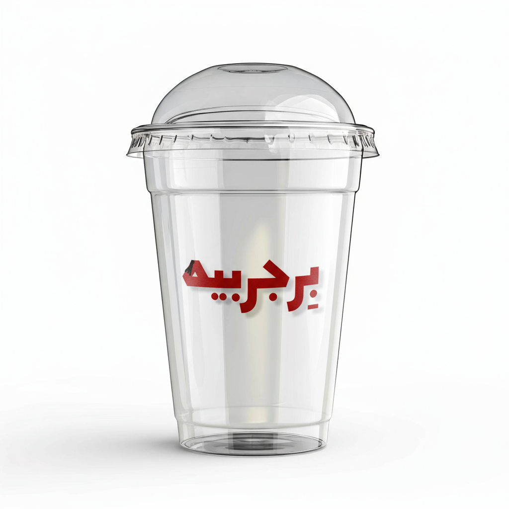 Clear plastic cup with a red logo on a white background