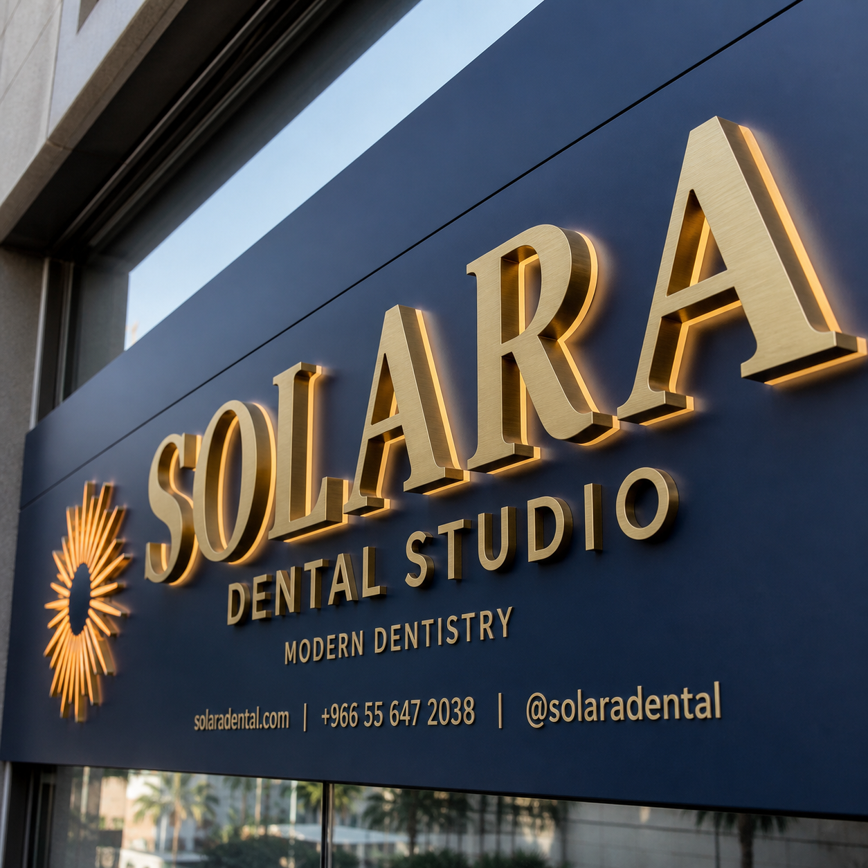 Daylight close-up of Solara Dental Studio illuminated 3D lettering on ACP sign tray
