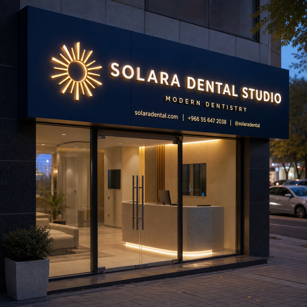 Illuminated Solara Dental Studio 3D letters on a navy ACP storefront sign tray at night