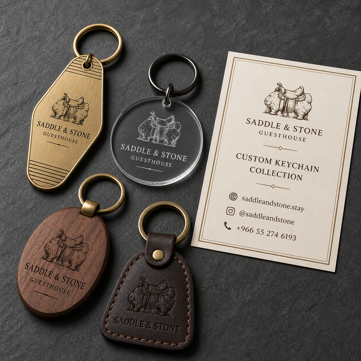 Saddle & Stone metal acrylic wood and leather custom keychain collection