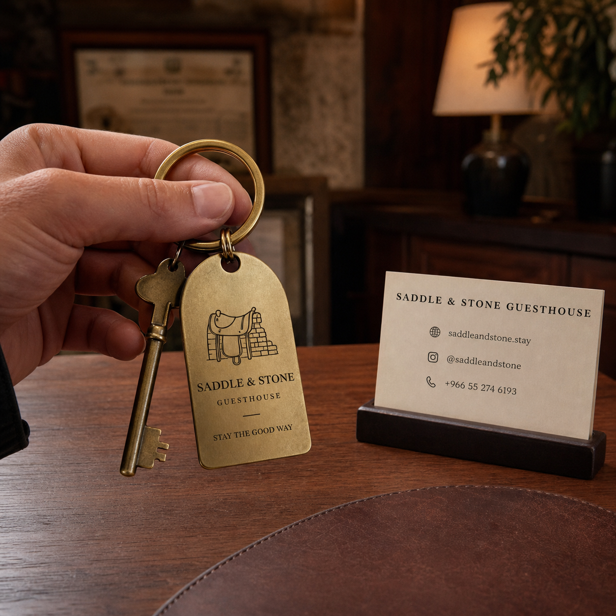 Saddle & Stone custom engraved metal guesthouse keychain in use