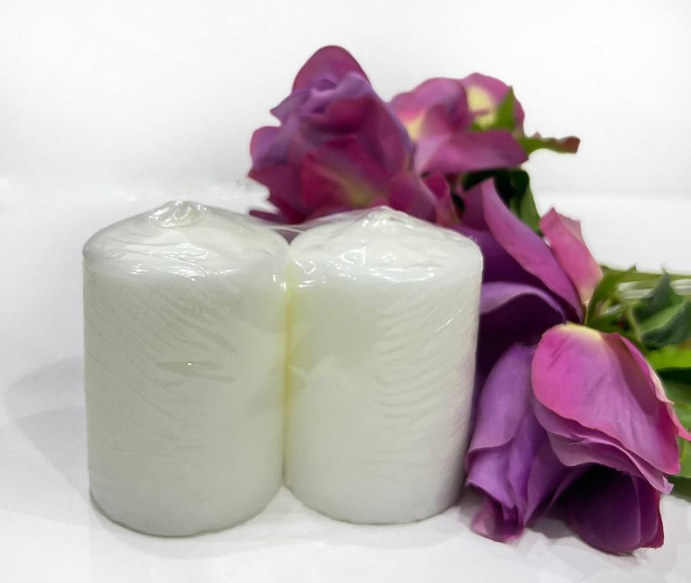 Set of white decorative cylinder candles - two plain ones — product image 1