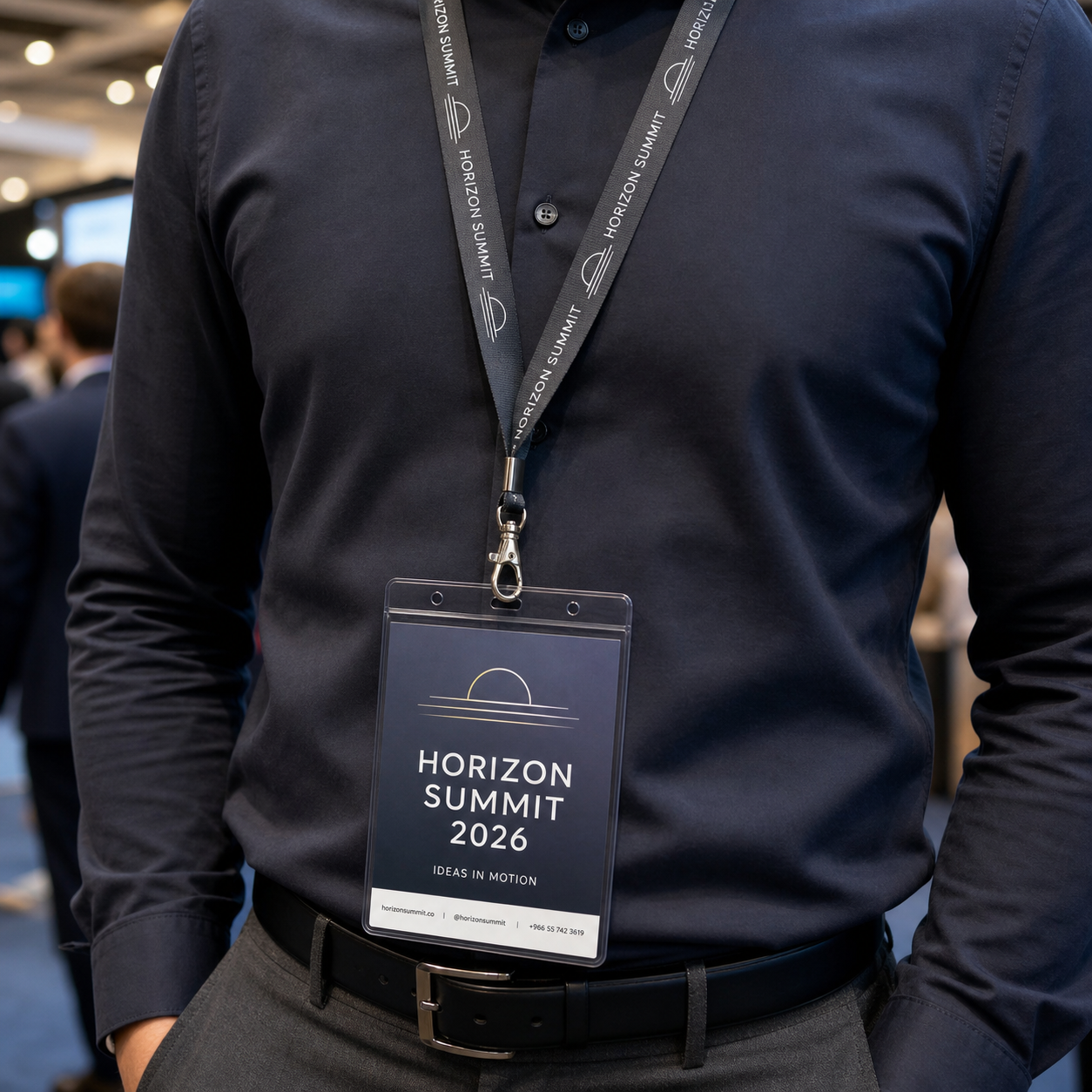 Horizon Summit branded event lanyard in use