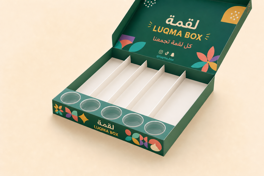 Custom printed party platter box with five empty food compartments and five transparent empty sauce cups