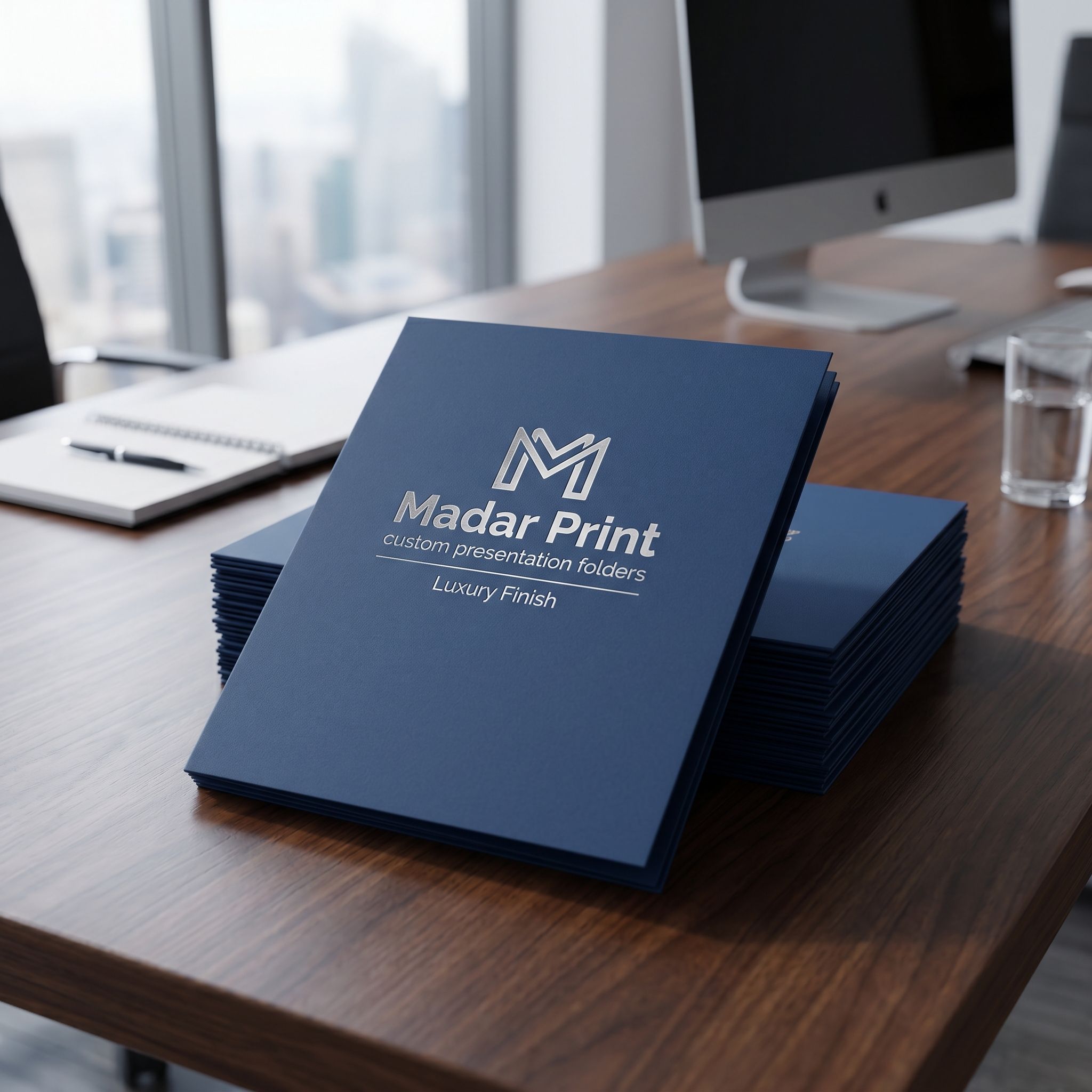 Photorealistic image of luxury finish presentation folders by Madar Print on a wooden desk in a professional office setting.