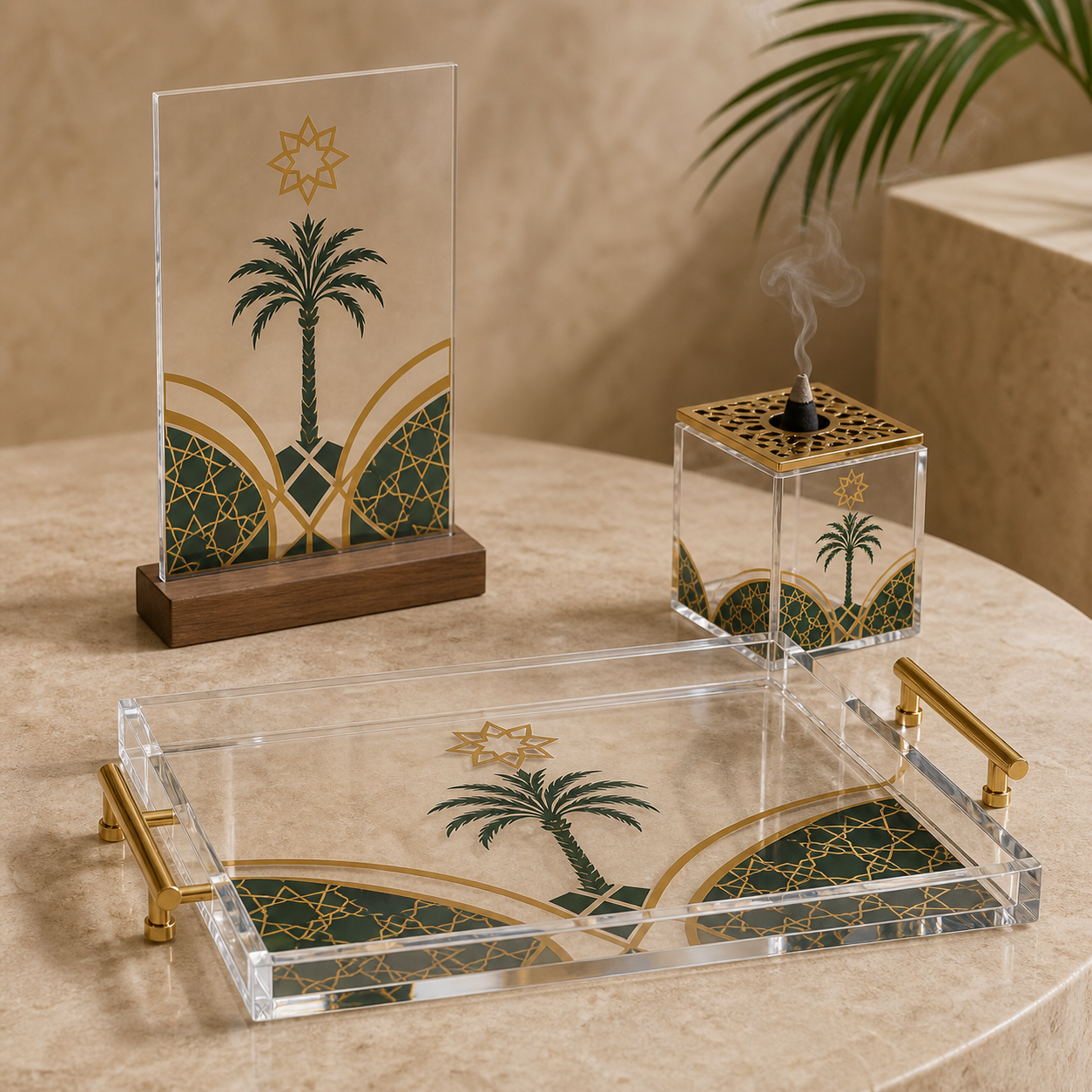 Illustrative customization mockup for acrylic, mirror, and display blank products