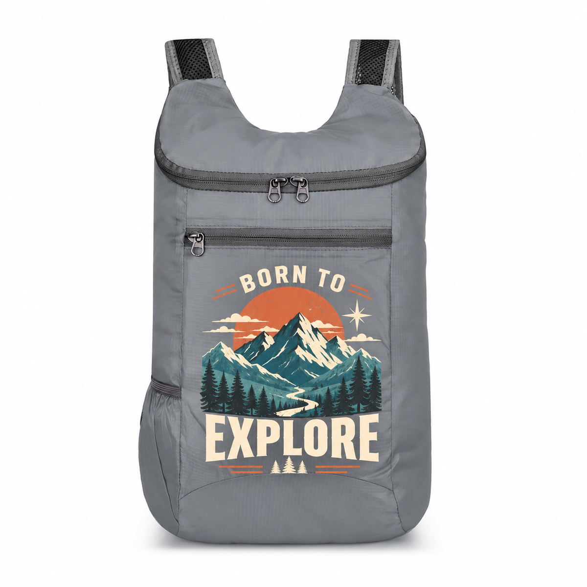 Dark Gray custom backpack with BORN TO EXPLORE mountain design