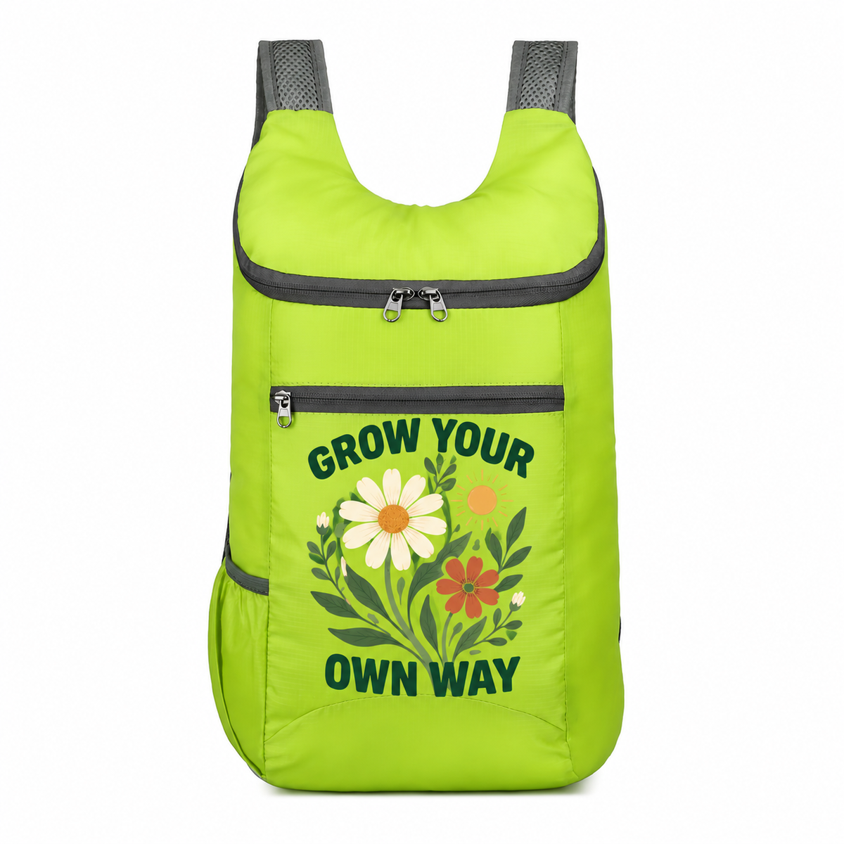 Green custom backpack with GROW YOUR OWN WAY botanical design