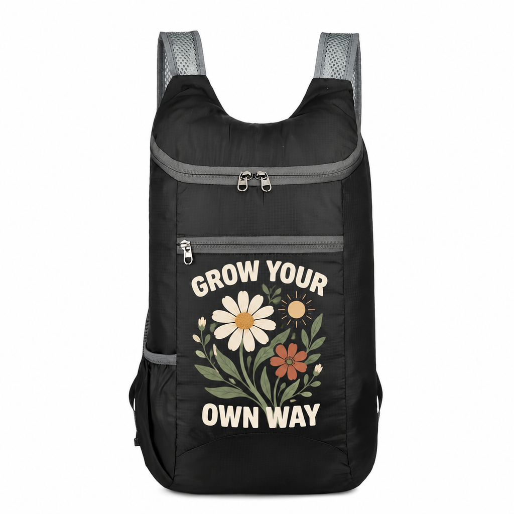 Black custom backpack with GROW YOUR OWN WAY botanical design