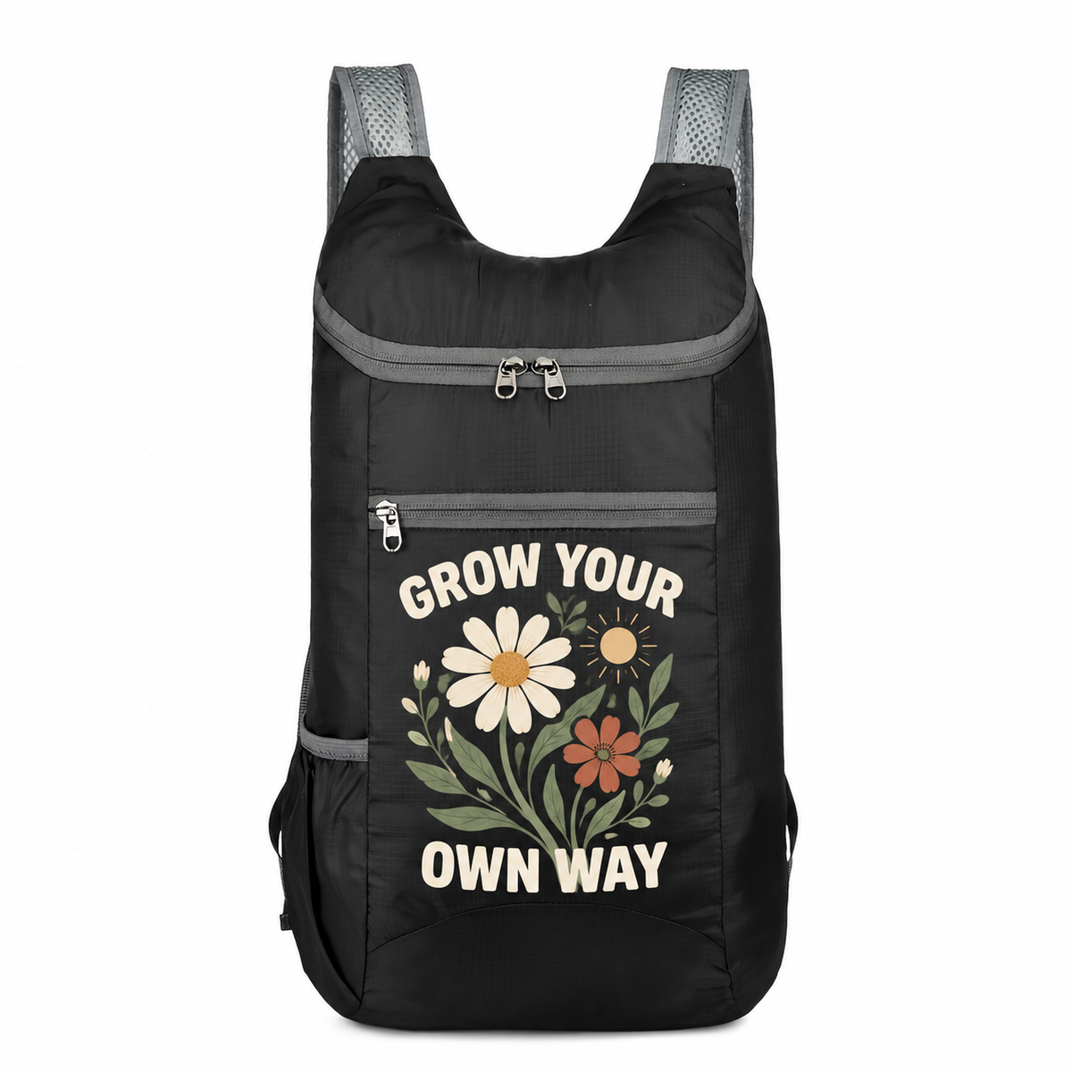 Black custom backpack with GROW YOUR OWN WAY botanical design