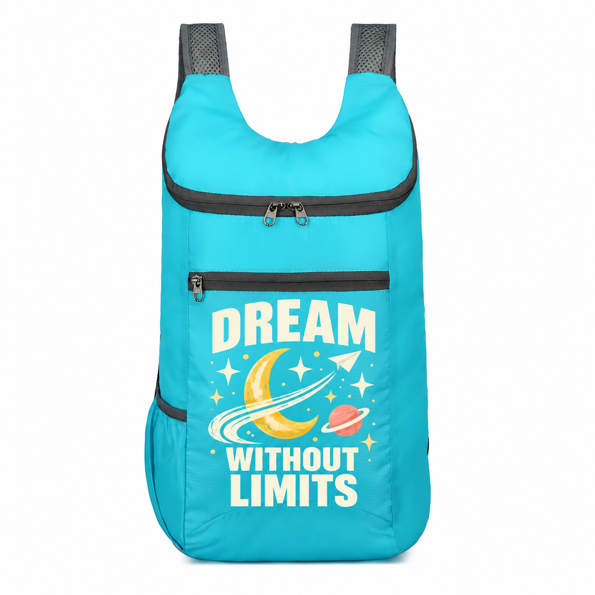 Lake Blue custom backpack with DREAM WITHOUT LIMITS celestial design