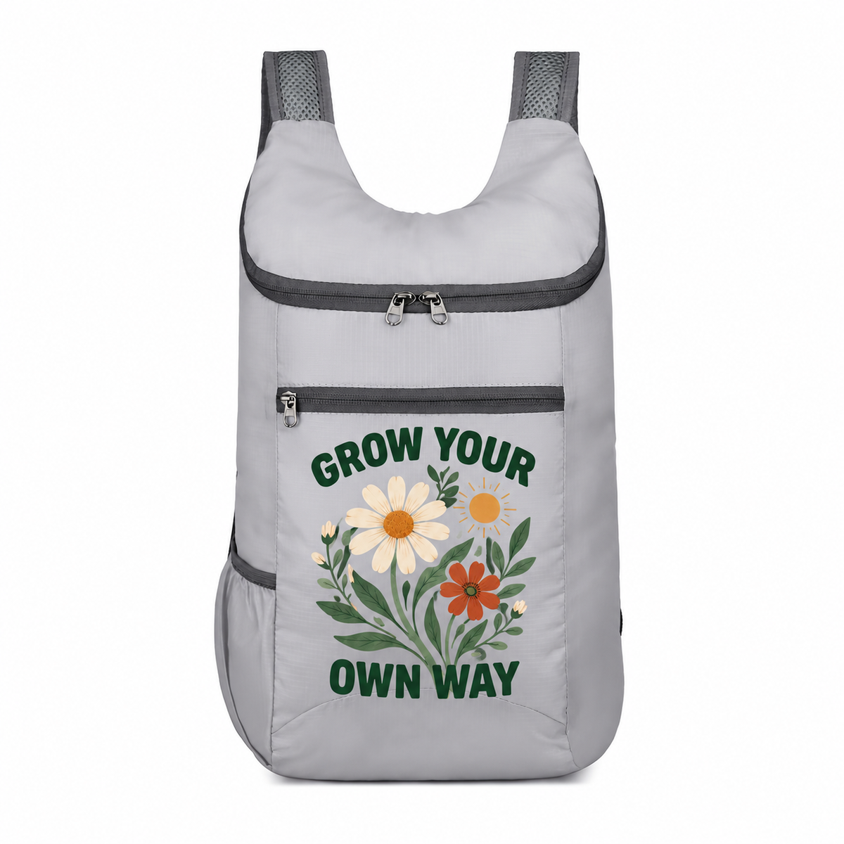 Light Grey custom backpack with GROW YOUR OWN WAY botanical design