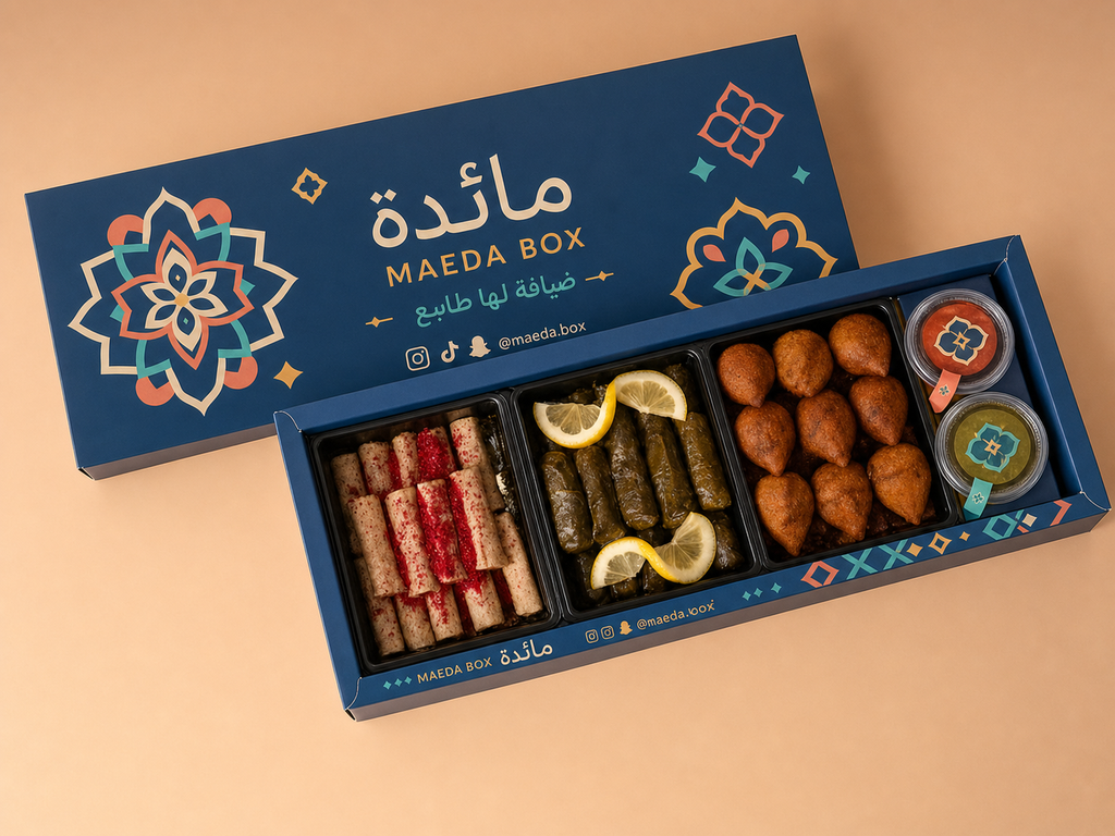 Custom printed long catering box with three separate food trays and two sauce cups in MAEDA BOX mockup design