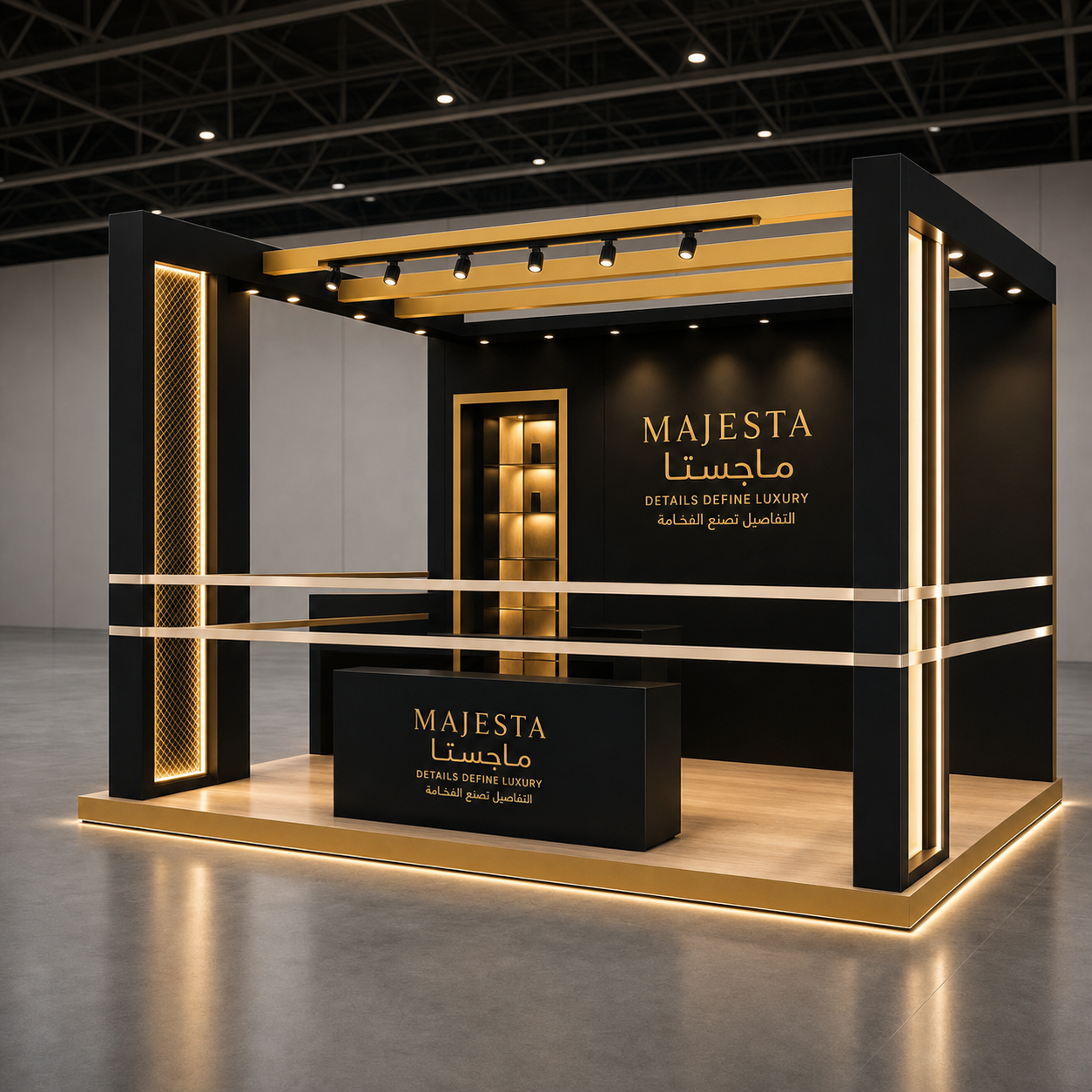 MAJESTA 3×3 luxury black and gold exhibition booth