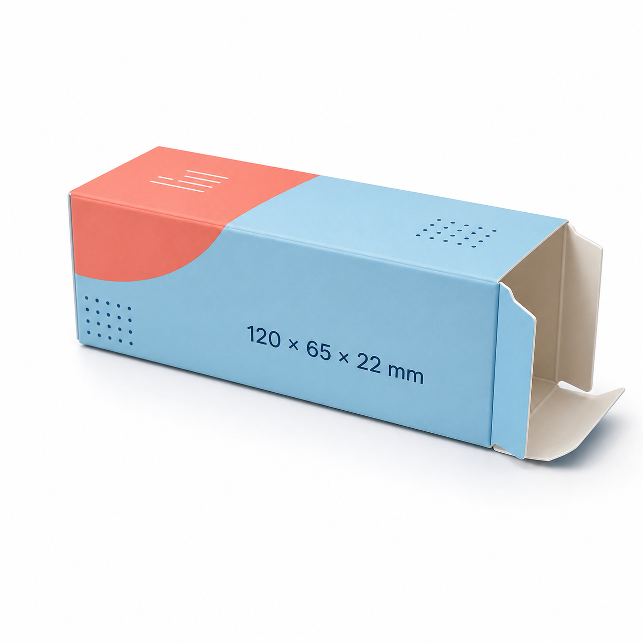 Custom blister pack medicine box 120 x 65 x 22 mm open view