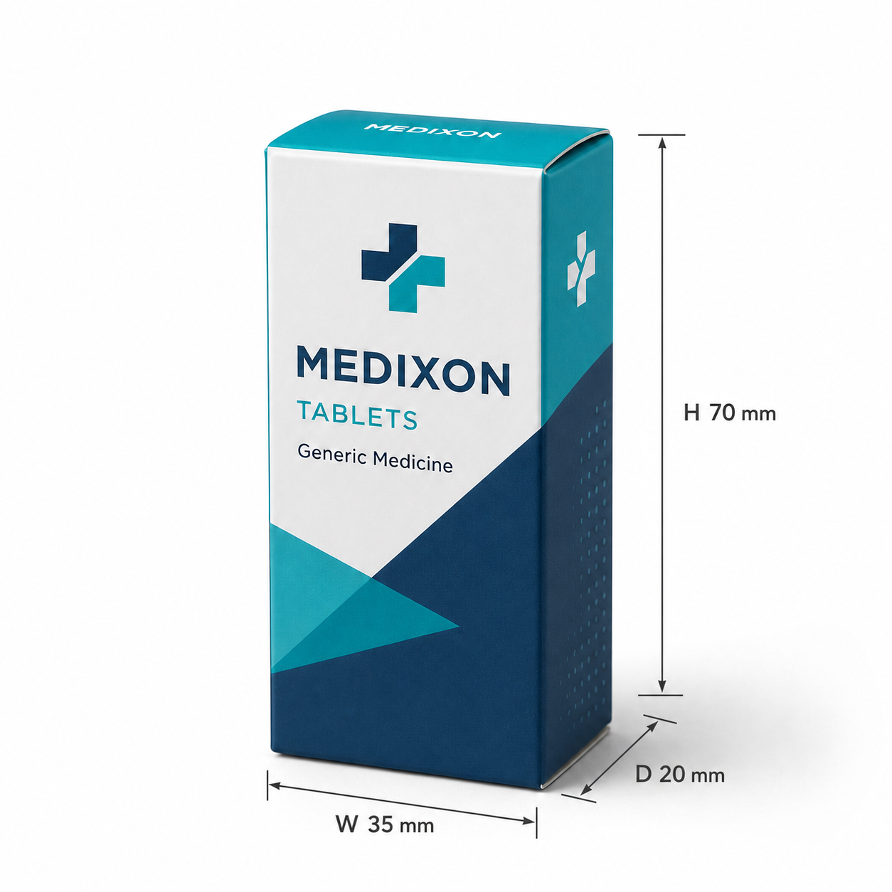 Custom medicine box 35 x 20 x 70 mm size annotation