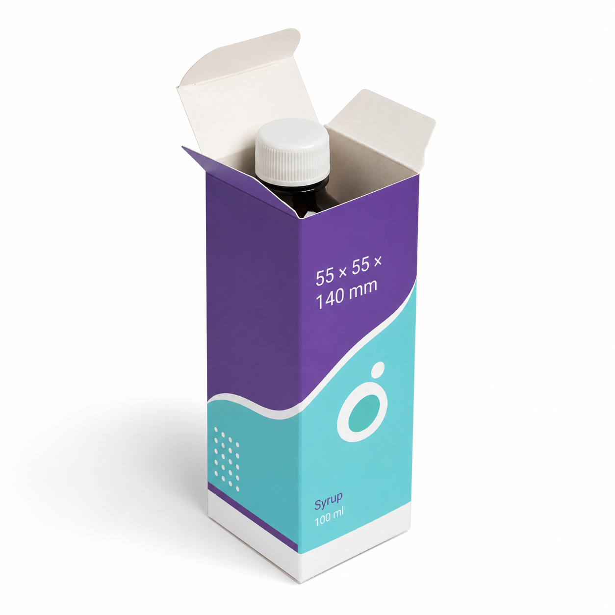 Custom syrup bottle box 55 x 55 x 140 mm open view