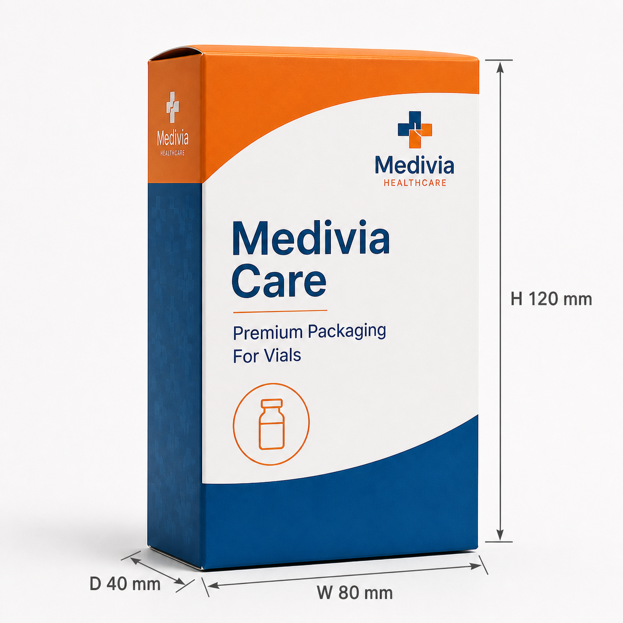 Custom vial medicine box 80 x 40 x 120 mm size annotation