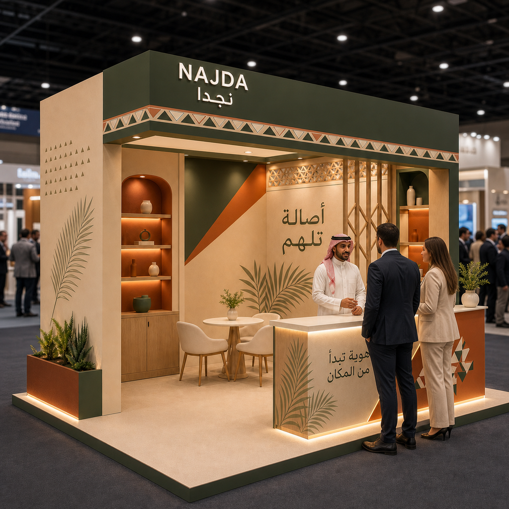 NAJDA 3×3-Messestand – individuell gestaltetes Druckdesign im Najdi-Stil