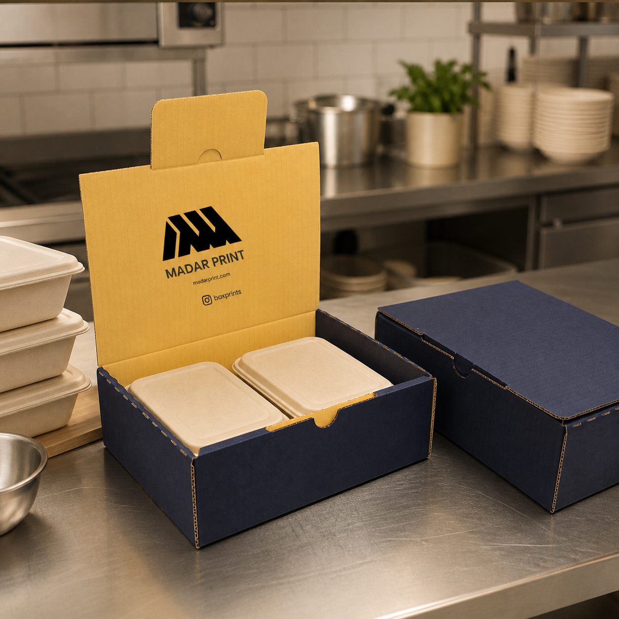 صورة استخدام واقعي لمنتج navy-corrugated-meal-delivery-shipping-box-29x22x10cm-mailing-carton