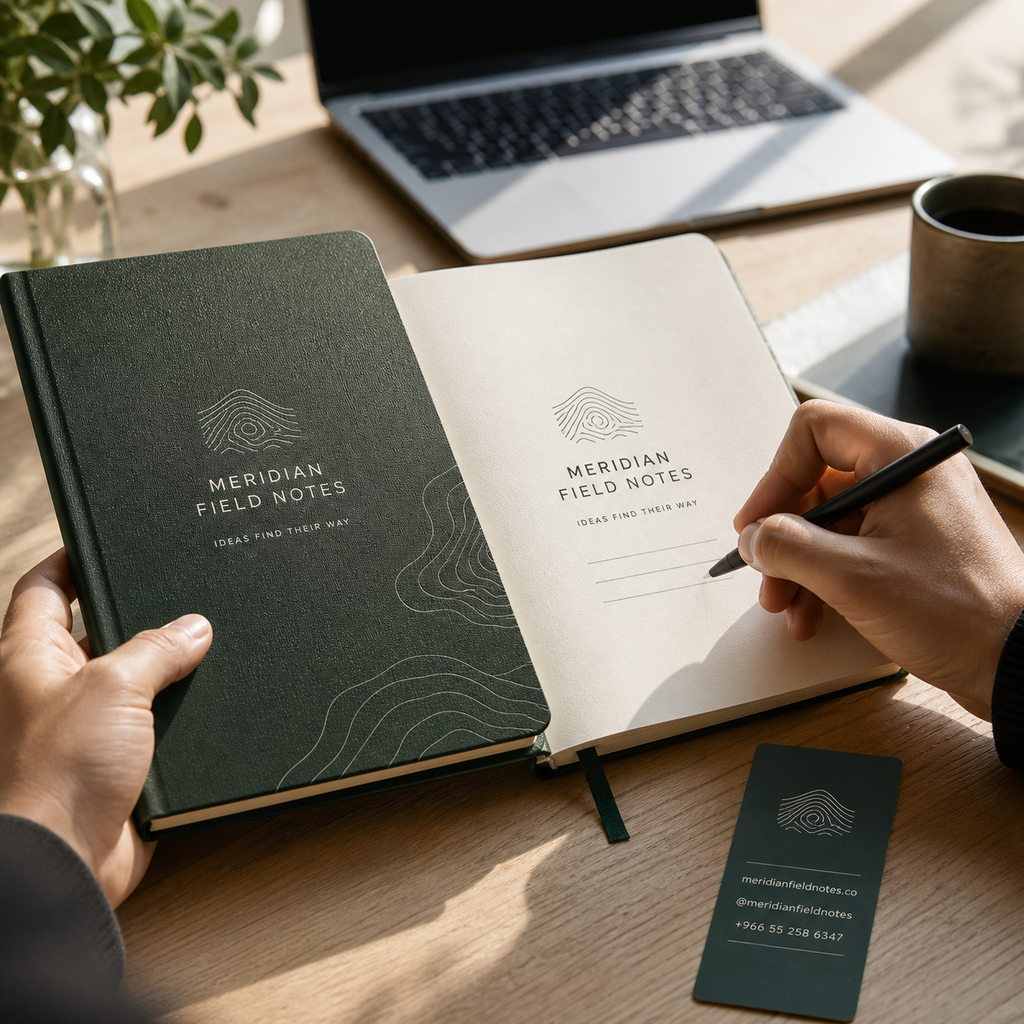 Meridian Field Notes custom printed notebook in active workspace