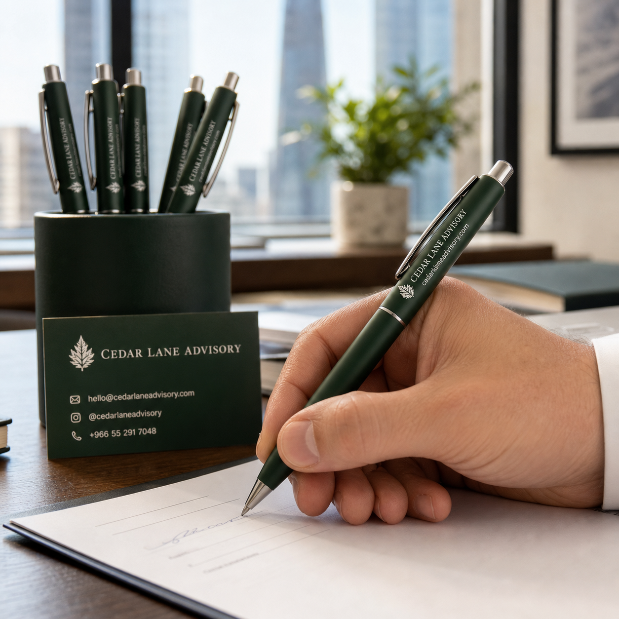 Cedar Lane Advisory custom printed promotional pen in executive use