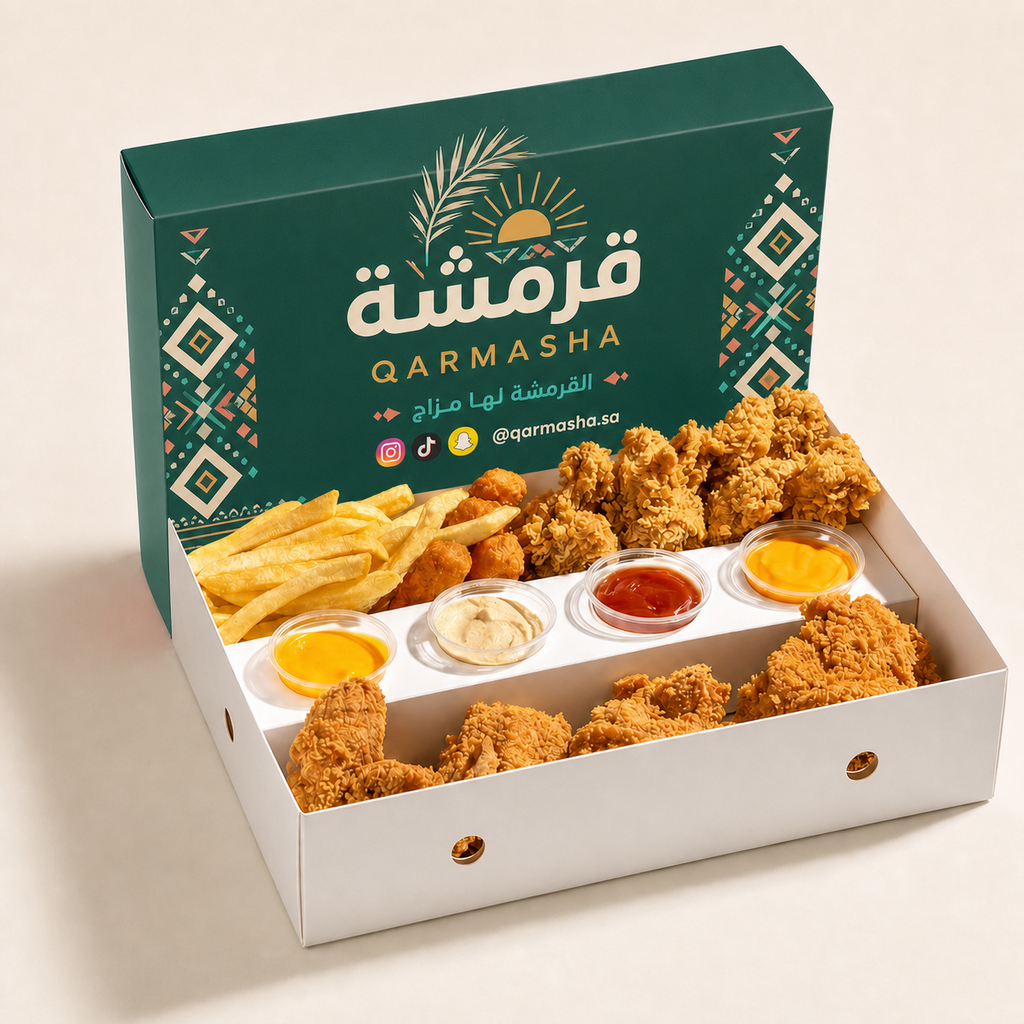 Custom printed fried chicken meal box with fries, nuggets and four sauce cups in Saudi Gulf QARMASHA mockup