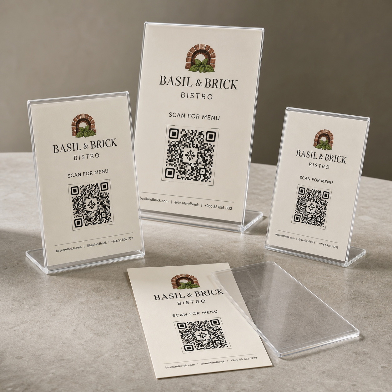 Basil & Brick Bistro branded QR table menu stand product lineup