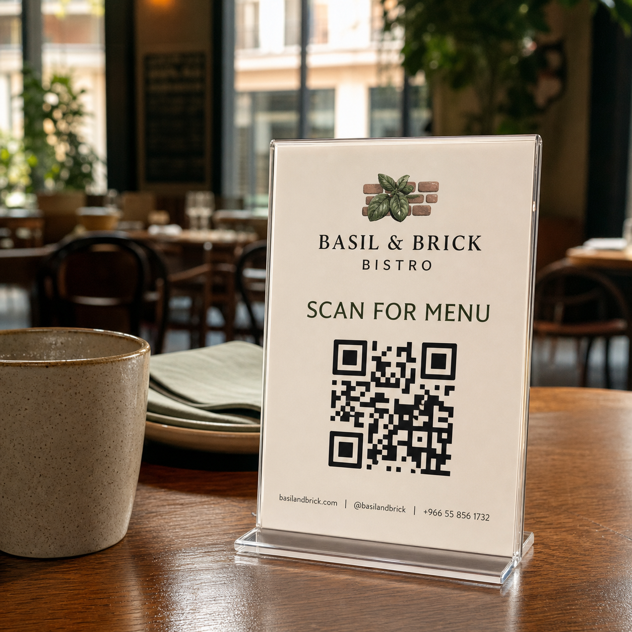 Basil & Brick Bistro branded QR table menu stand in restaurant setting