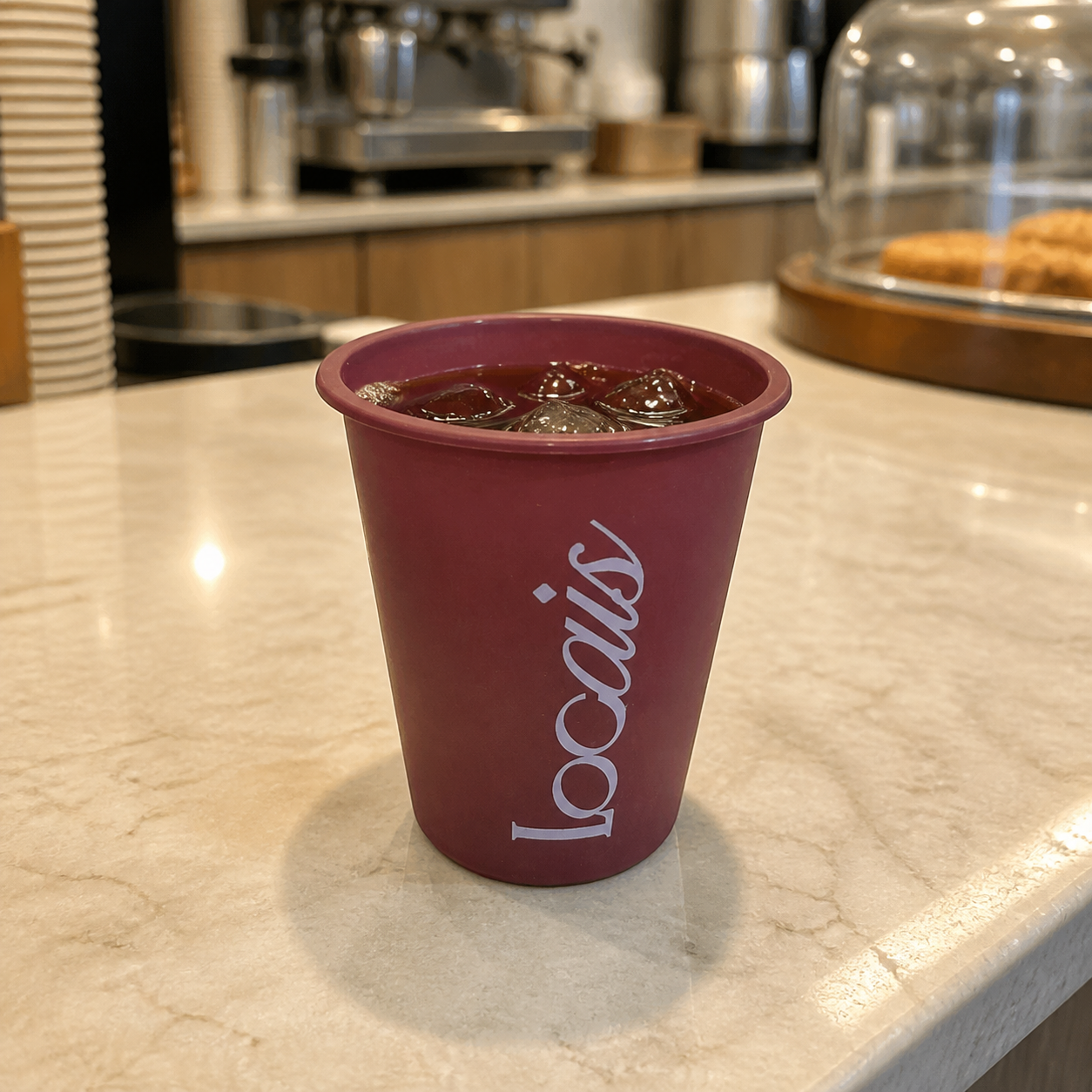 Red Stackable Eco-Friendly 12 oz Drinking Beaker with Print — realistic use view
