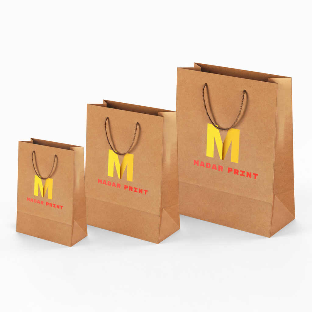 Branded restaurant kraft bags displayed in three sizes