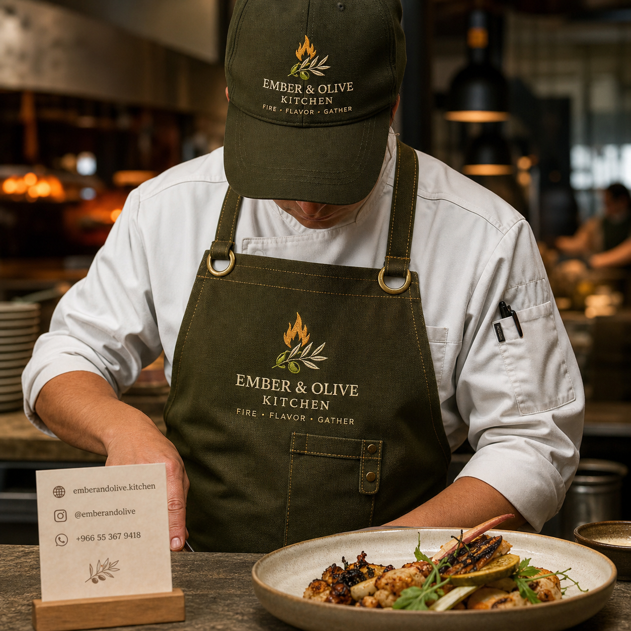 Ember & Olive Kitchen custom branded restaurant apron and cap in use