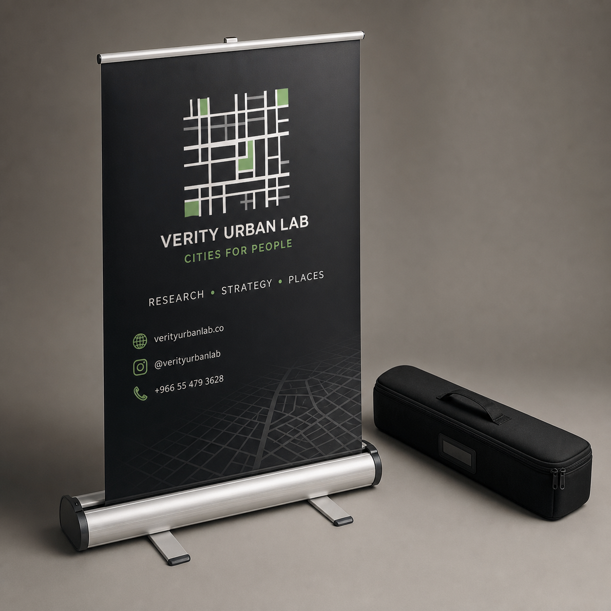 Verity Urban Lab custom roll up stand and carry case product detail