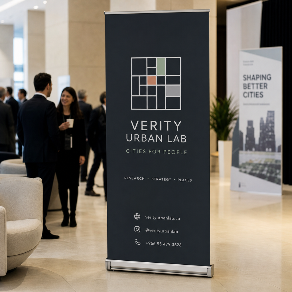 Verity Urban Lab custom roll up stand at design conference
