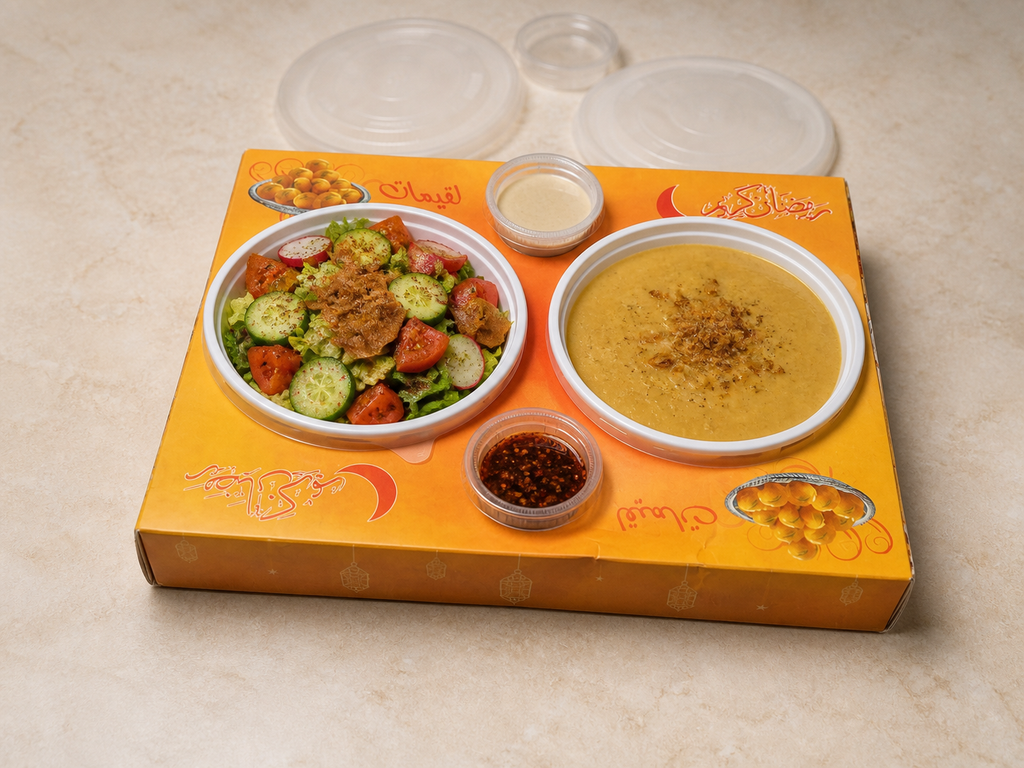 Two salad and soup containers with sauces in a custom printed food carrier