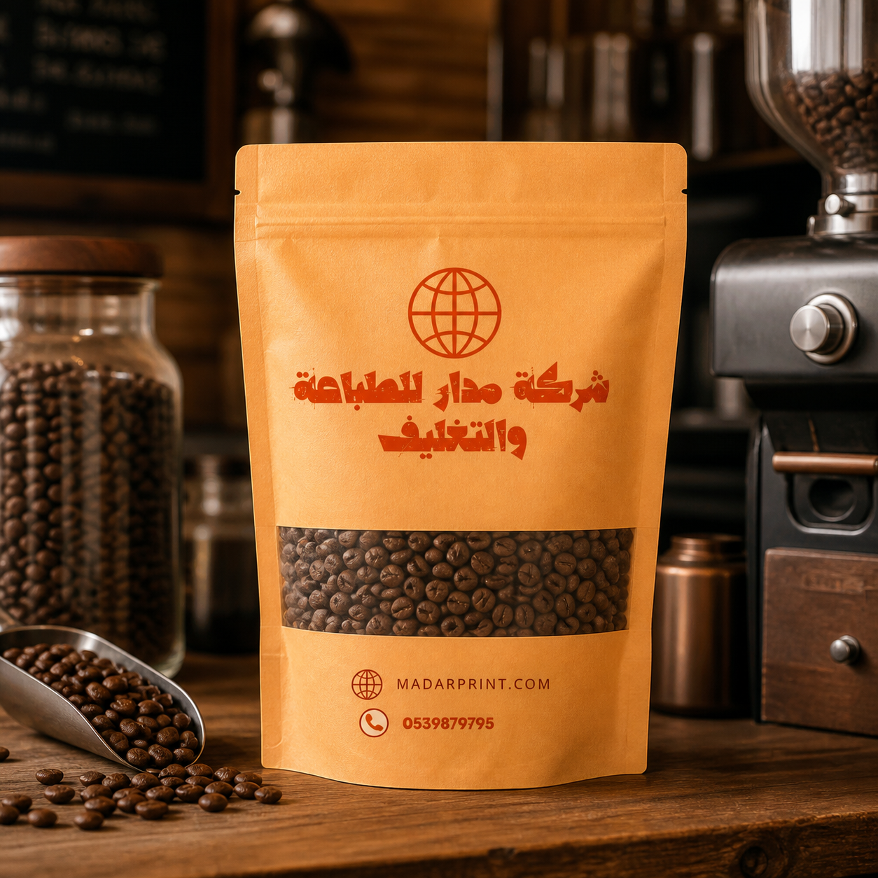 Small Brown Kraft Coffee and Spice Bags with Custom Printing — realistic use view