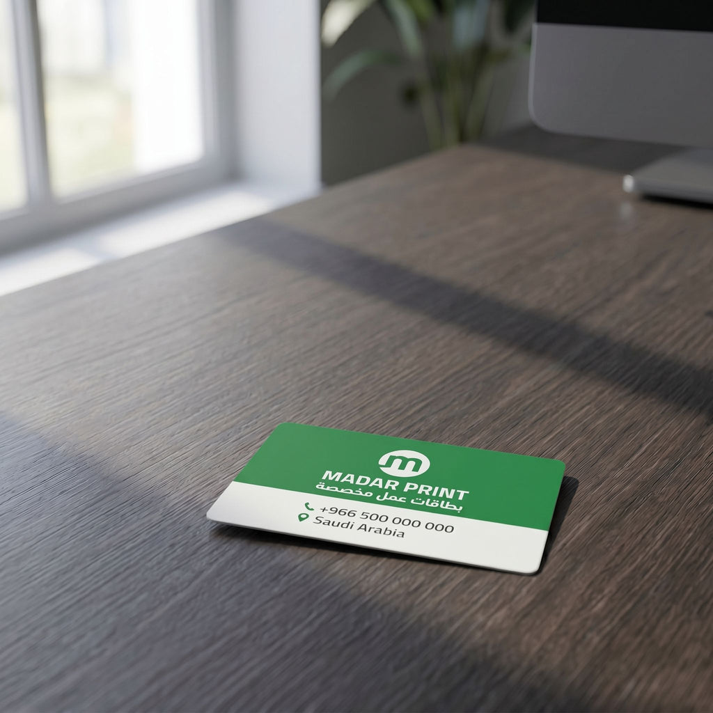 Small full-color ID card with vibrant design placed on textured dark wooden desk in an office setting.